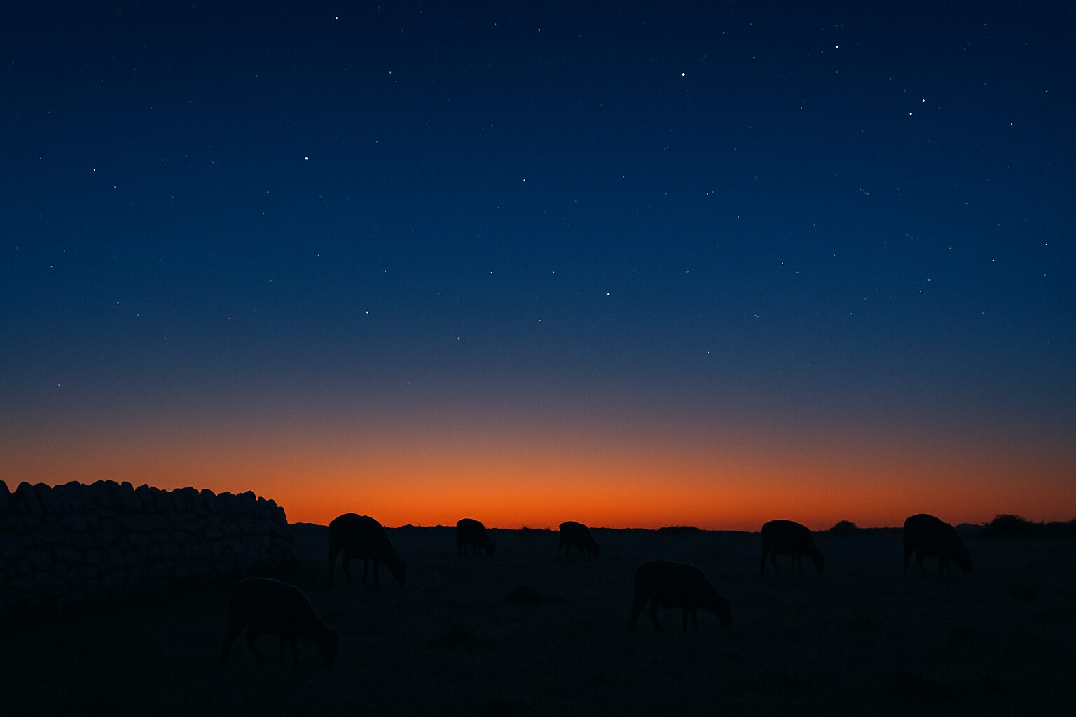 Crépuscule sur le causse : murets, horizon orangé et premières étoiles.
