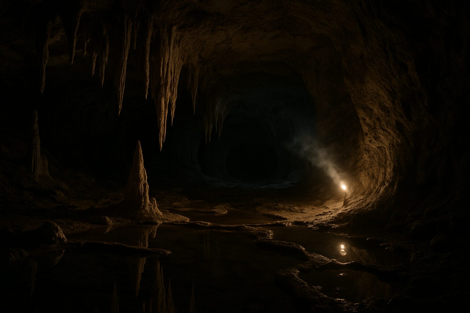 Intérieur d’une grotte silencieuse aux parois calcaires luisantes.