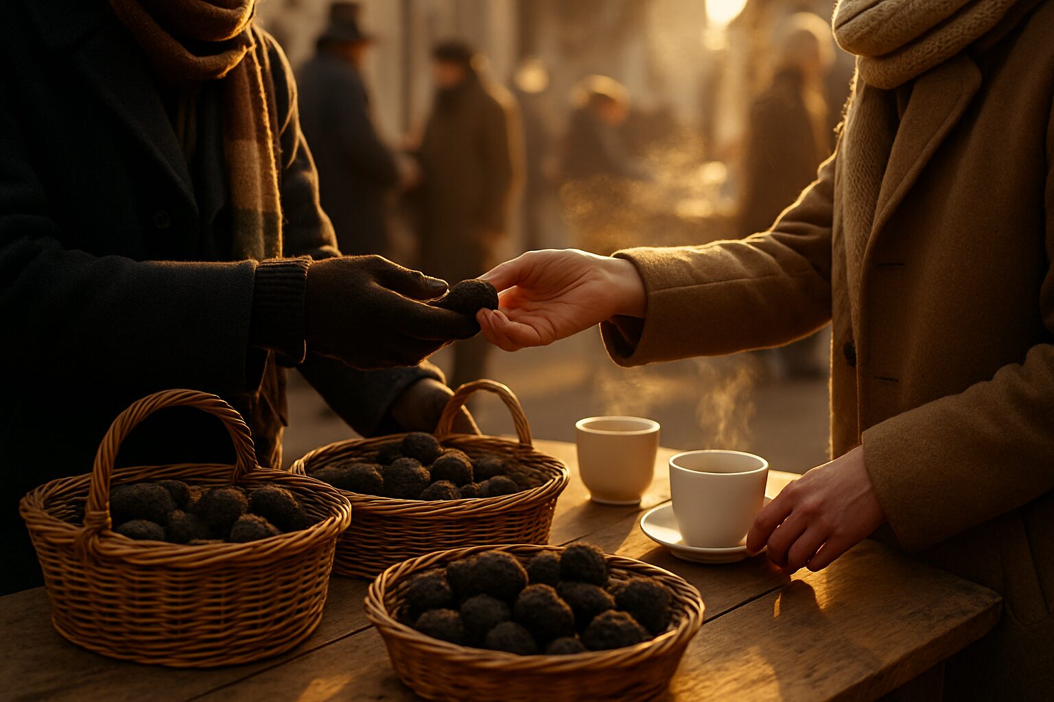 Marché hivernal : paniers de truffes, mains qui échangent, vapeur des cafés.