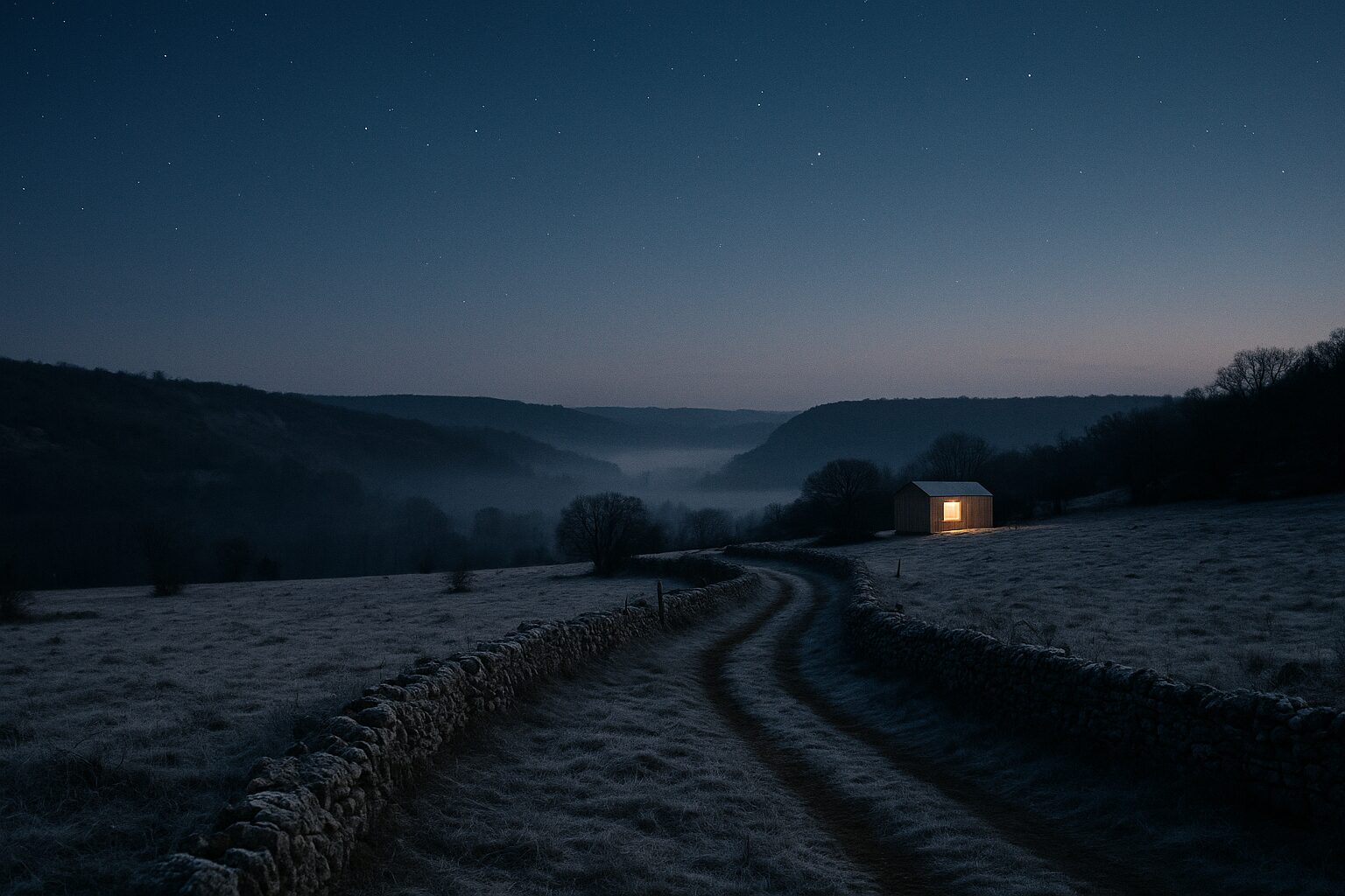 Crépuscule d’hiver sur les causses du Quercy, premiers astres et lueur d’une cabane au loin.
